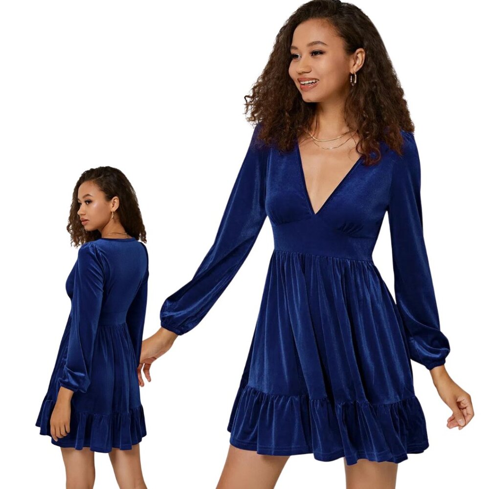 HALARA Deep V Neck Ruffled Hem Velvet Royal‎ Blue Mini Party Dress XS NWT